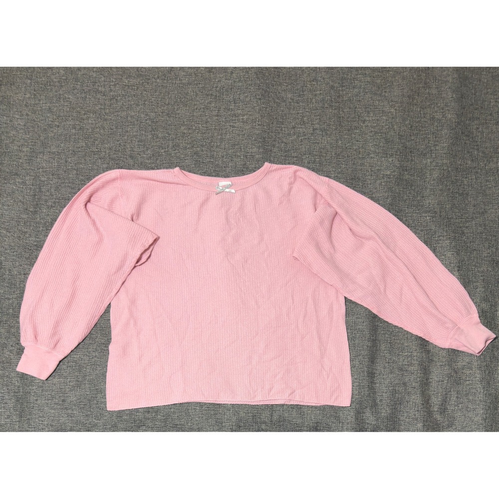 Hanes Womens 2X Top Pink Waffle Knit Bow Long Sleeve Thermal